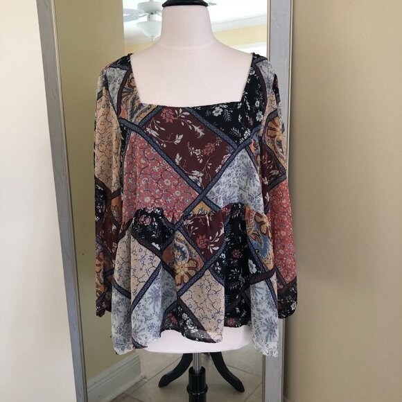 American Eagle Brown Patchwork Hi Waist Ruffle Bows Peasant Boho Blouse Large - Picture 1 of 10
